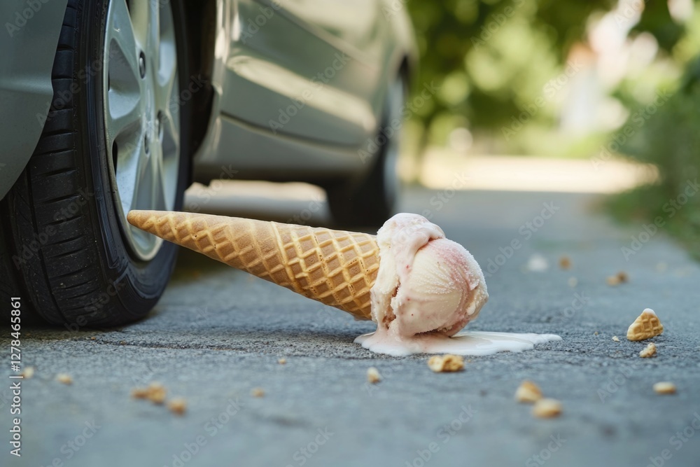 Poster a single ice cream cone left on the ground next to a parked car, suitable for use in scenes about ev