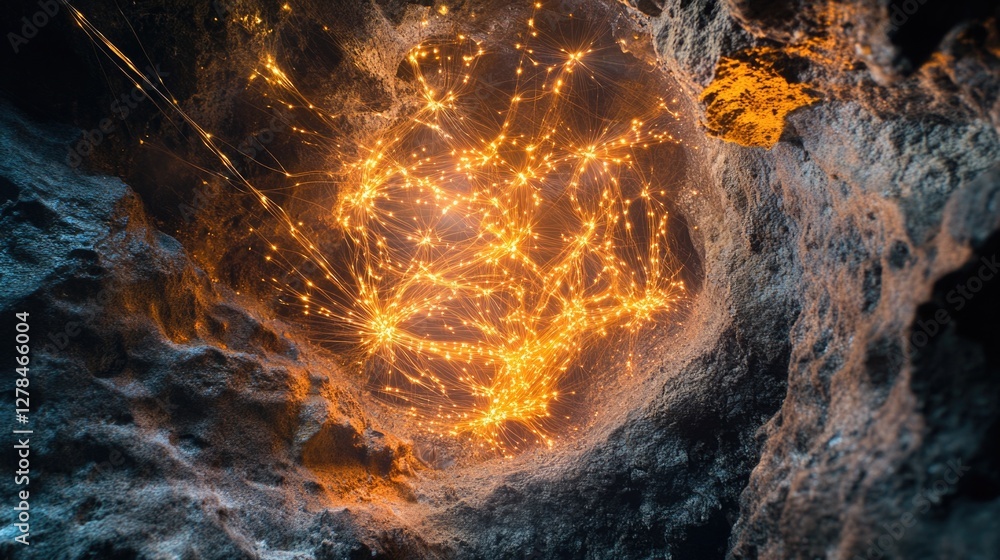 Poster a warm light source in a dark cave, suitable for use as a background or symbol of warmth and comfort