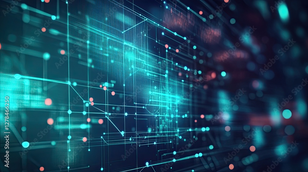 Poster a futuristic digital grid pattern with glowing accents and dark shadows, offering a bold backdrop wi