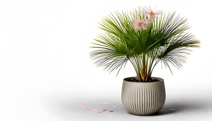 a Papyrus plant in the modern pot, isolated on a white background with ample copy space.