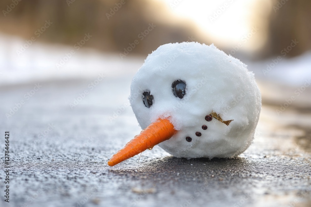 Poster a winter scene featuring a snowman with a carrot sticking out of its nose