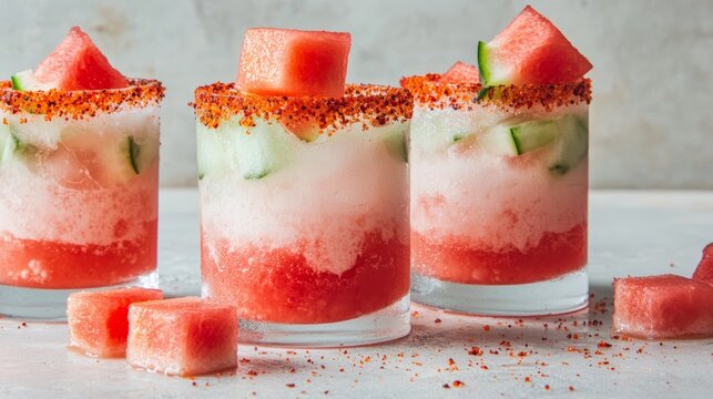 A watermelon and chili-infused mocktail, featuring a spicy kick with a chili salt rim and floating watermelon cubes.
