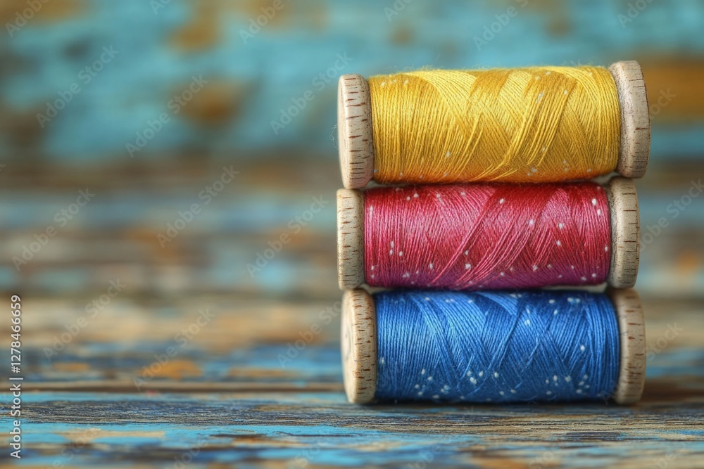 Poster colorful spools of thread stacked on a rustic wooden surface in a creative workspace