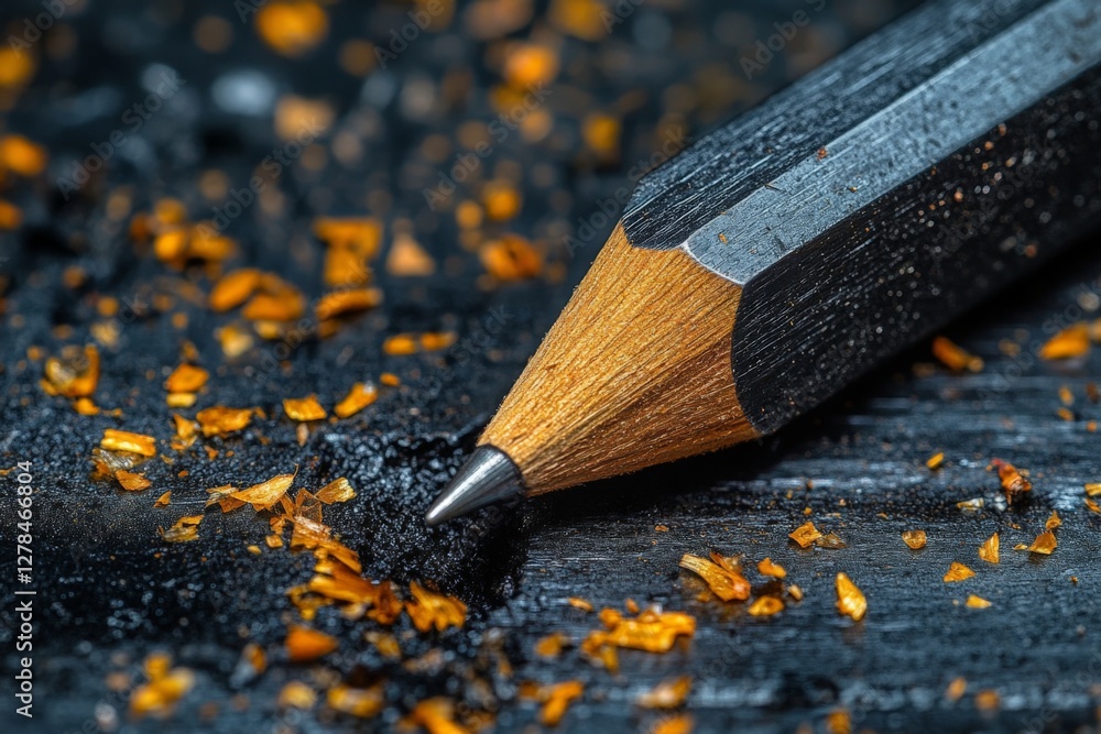 Aufkleber close-up of a sharpened pencil resting on a dark surface with colorful wood shavings