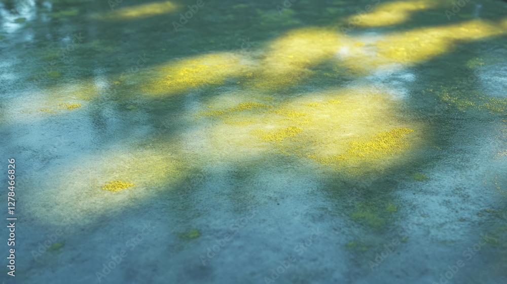 Poster natural texture of chartreuse moss on wet concrete surface in sunlight