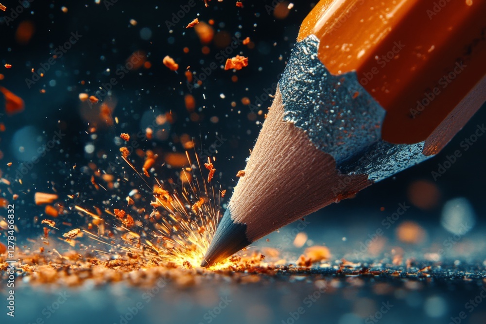 Poster Pencil creating sparks and shavings while sharpening on a dark surface with an artistic background