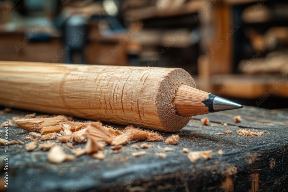 Poster craftsmanship shines through a freshly sharpened pencil resting on a wooden surface with shavings sc