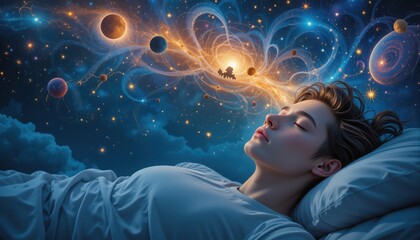 Naklejka premium A young individual lies peacefully asleep, engulfed in a dreamy atmosphere filled with swirling galaxies, stars, and planets. Their serene expression invites wonder about the cosmos