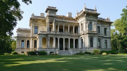 A grand historic mansion exterior with intricate architecture, a manicured lawn, and towering columns.