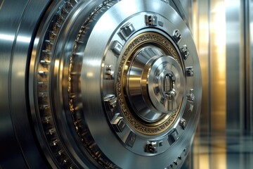 A close-up shot of a large metal door with intricate details and rusty finish