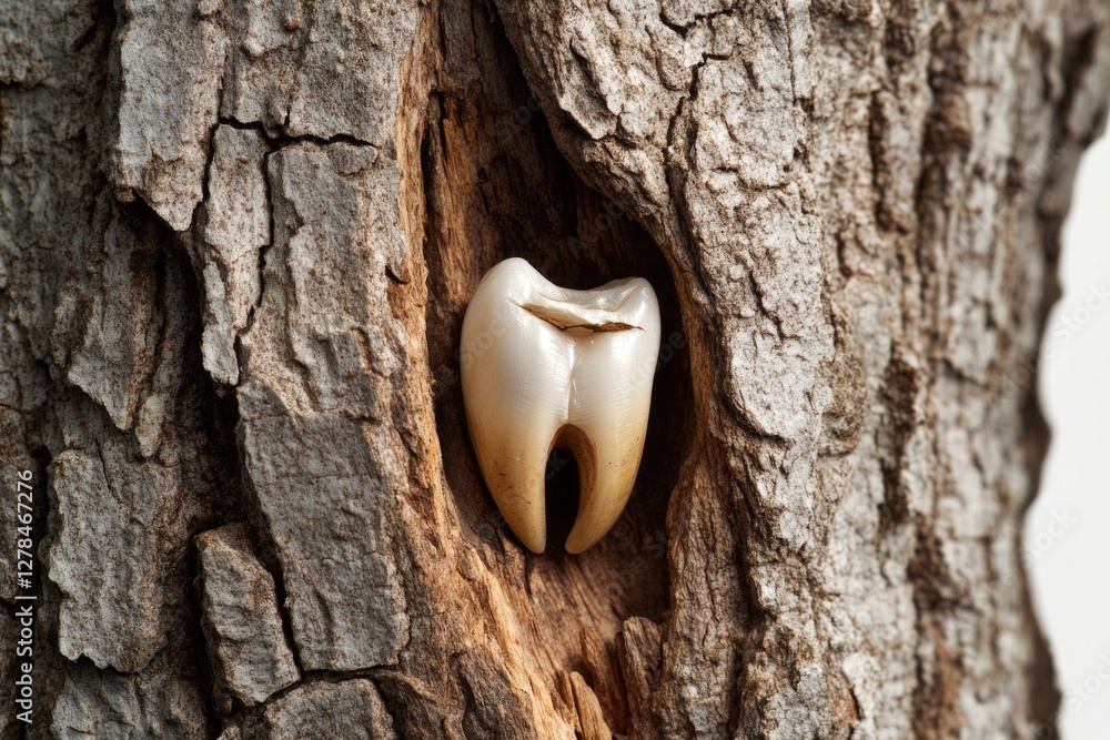 Poster A tooth stuck in a hole of a tree, with roots and branches visible