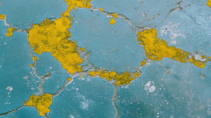 Vibrant chartreuse moss patterns on textured cracked surface