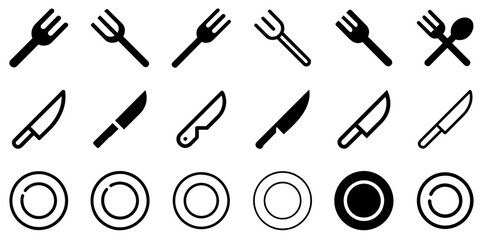 "Fork, Knife, and Plate Vector Icon Set – Dining Essentials and Culinary Presentation"