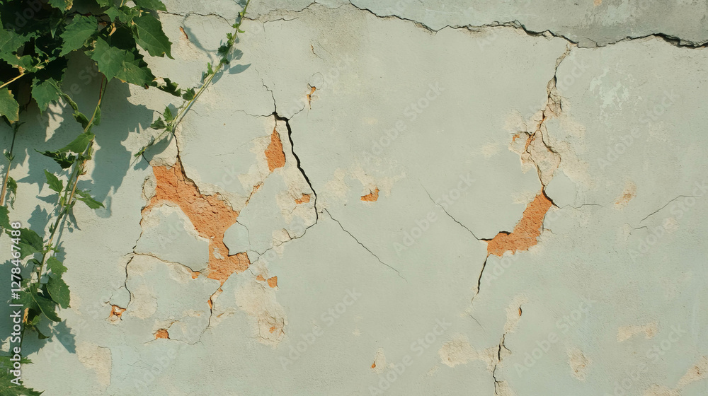Aufkleber texture of dry cracked mud wall with deep fissures and climbing vine for creative design concepts