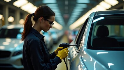 In a bustling factory, a skilled technician with glasses and gloves carefully examines a vehicle, using precision tools to ensure quality during the assembly process, highlighting craftsmanship