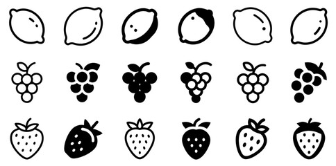 "Lemon, Grape, and Strawberry Vector Icon Set – Fresh and Vibrant Fruit Collection"