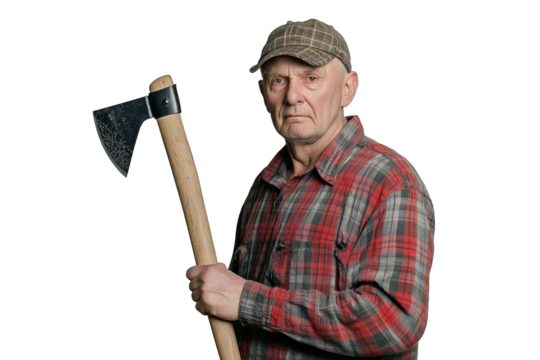  Latvian forester in plaid shirt holding axe isolated on transparent white background
