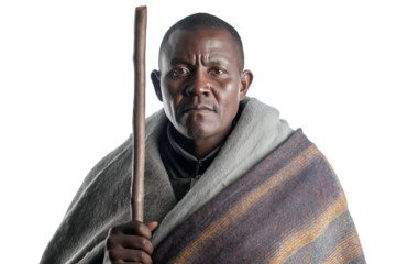 Lesotho herder in blanket cloak holding staff isolated on transparent white background