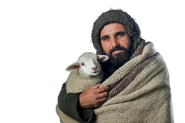 Montenegrin shepherd in wool cloak holding lamb isolated on transparent white background