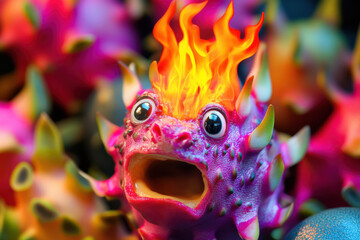 A dragon fruit breathing colorful flames, surrounded by clapping fruit friends