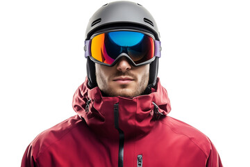 Andorran skier in red thermal jacket and goggles isolated on transparent white background