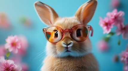 A Stylish and Adorable Rabbit Donning Trendy Sunglasses Surrounded by Beautiful Pink Flowers Against a Bright Blue Background