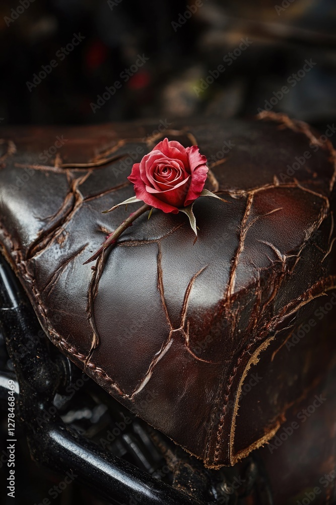Poster a single red rose sits atop a worn brown leather seat, perfect for adding a touch of elegance to any