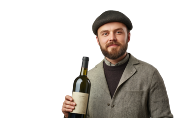 Georgian winemaker in woolen cap holding wine bottle isolated on transparent white background