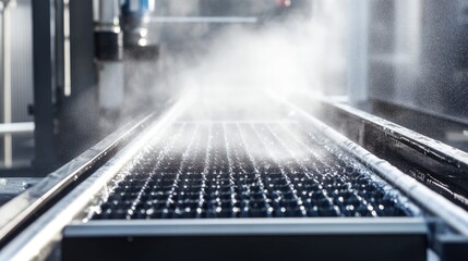 High-pressure conveyor belt washing system with a rotating roller brush and adjustable spray settings.