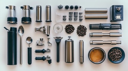 A Collection Of Modern Coffee Brewing Equipment And Supplies