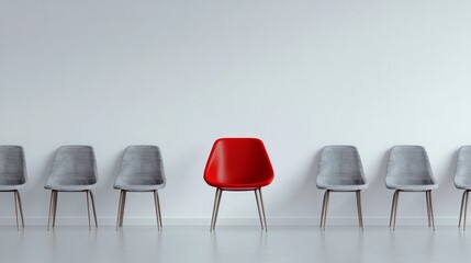 Red chair in a row, stand out chair, minimalist design, modern seating, unique furniture