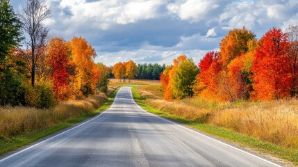 A peaceful countryside road lined with autumn-colored trees, inviting travelers for a scenic drive.