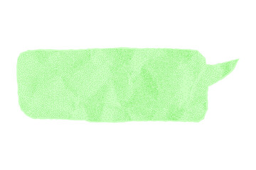 Green wrinkled paper speech bubble, isolated template for banner. Dialogue balloon with dotted gritty texture halftone effect, notebook sheet with jagged torn edges.
