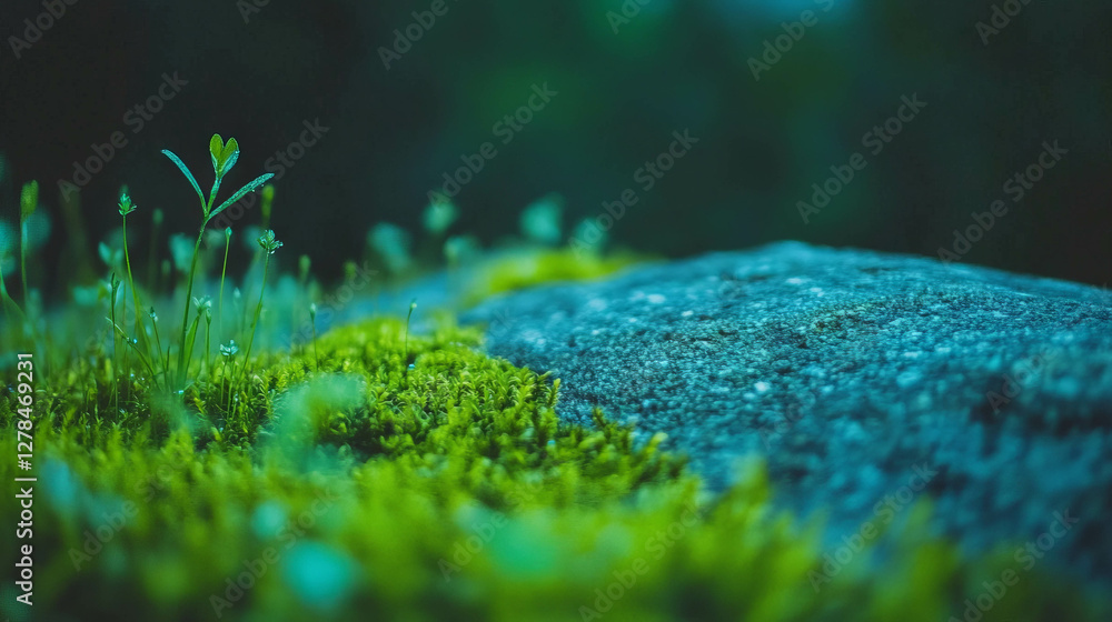 Poster emerald green moss texture on wet rock in nature scene for background design