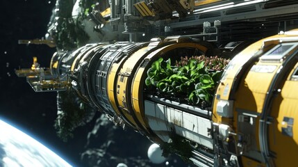 Obraz premium Sustainable space station featuring vertical garden in zero gravity environment
