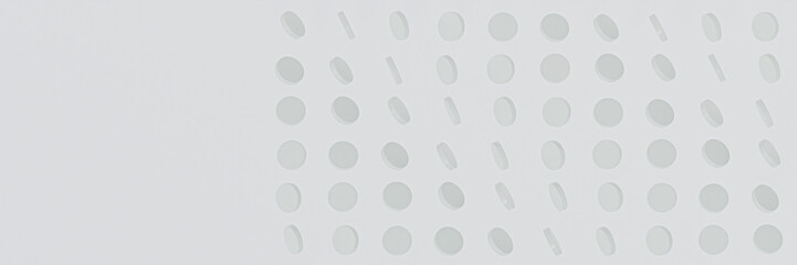 Clean and simple series of white coins on different rotation isolated in white background 3d render illustration. Abstract sequence of placement background for business presentation and web banner