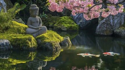 Naklejka premium Buddha Statue in a Japanese Garden with Koi Fish and Cherry Blossoms, a Tranquil Scene of Zen and Spiritual Harmony
