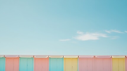 A row of classic beach huts in pastel colors, standing against a bright blue sky.