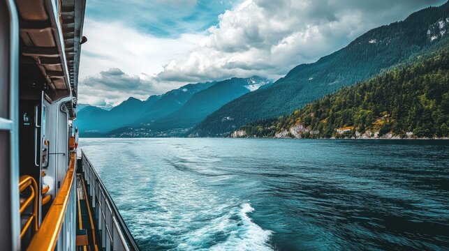 A scenic ferry ride across a calm bay, with a picturesque mountain backdrop.