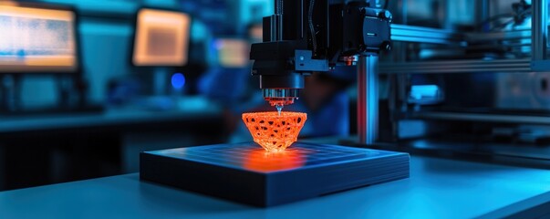 3D printer creating orange object in lab