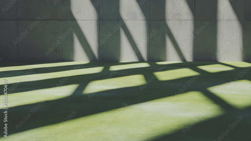 Poster sunlit shadows on moss-covered concrete surface for architectural backgrounds