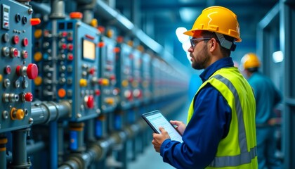Technician inspects industrial equipment using a digital tablet, ensuring quality and optimal performance in a manufacturing environment.