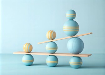 Balanced spheres on wooden beams create a playful equilibrium.