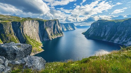 A stunning fjord landscape with towering cliffs, deep blue waters, and dramatic lighting.