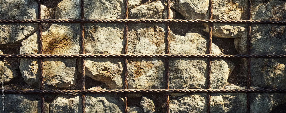 Poster rustic metal grid on weathered stone wall for architectural and design backgrounds