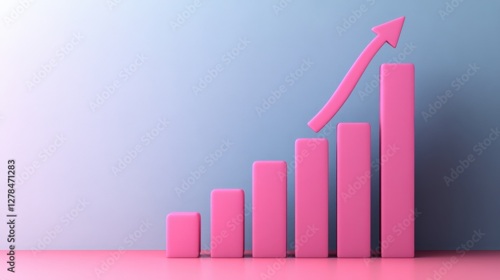 Poster pink bar graph showing growth with an upward arrow against a gradient blue background