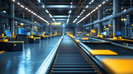 Naklejka premium A modern warehouse interior featuring conveyor belts, illuminated workstations, and a high-tech environment, emphasizing efficiency and automation.