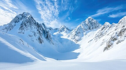 Fototapeta premium A wide-angle view of snow-covered peaks, illustrating the impacts of rising global temperatures on mountain climates.