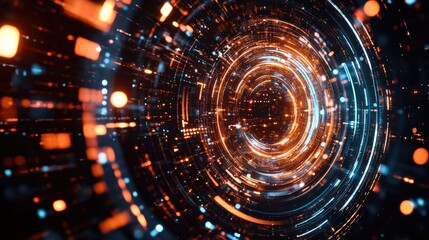 Fototapeta premium Abstract digital vortex of glowing particles and circles emitting orange and blue light, creating a visually captivating 3D effect of technology and movement.