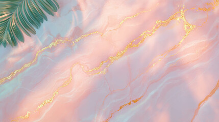 Glossy baby pink marble texture with gold veins and relaxing tropical leaf
